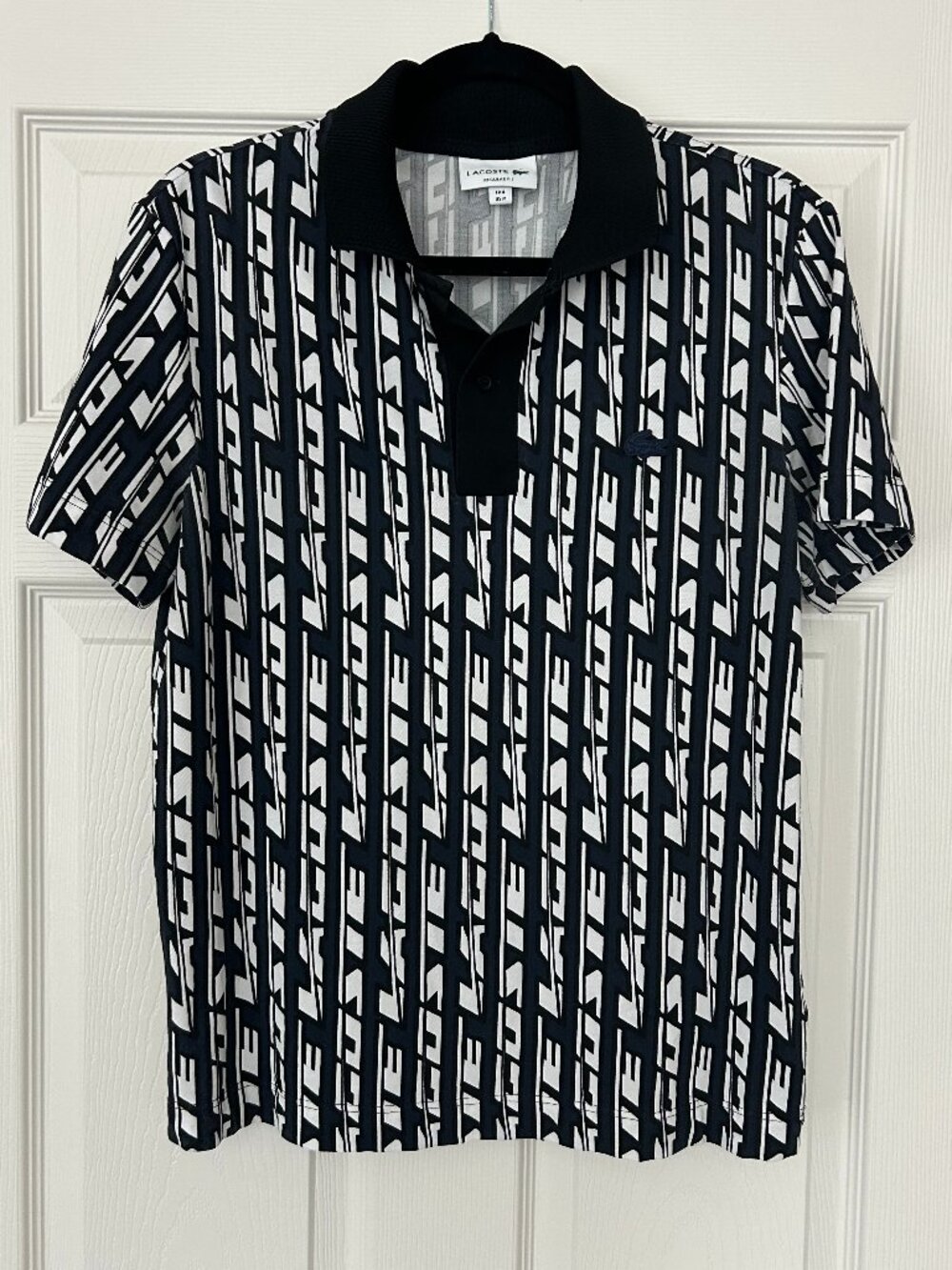 Lacoste Polo Shirt Mens M Navy Black White Logo Regular Fit Geometric Fr. Sz. 4